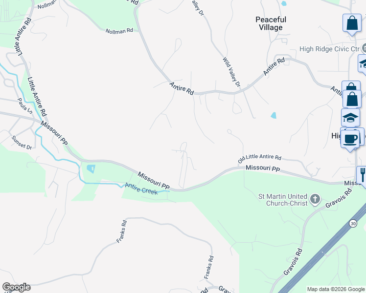 map of restaurants, bars, coffee shops, grocery stores, and more near 3004 Pembroke Lane in High Ridge