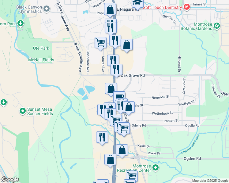 map of restaurants, bars, coffee shops, grocery stores, and more near 2541 South Townsend Avenue in Montrose