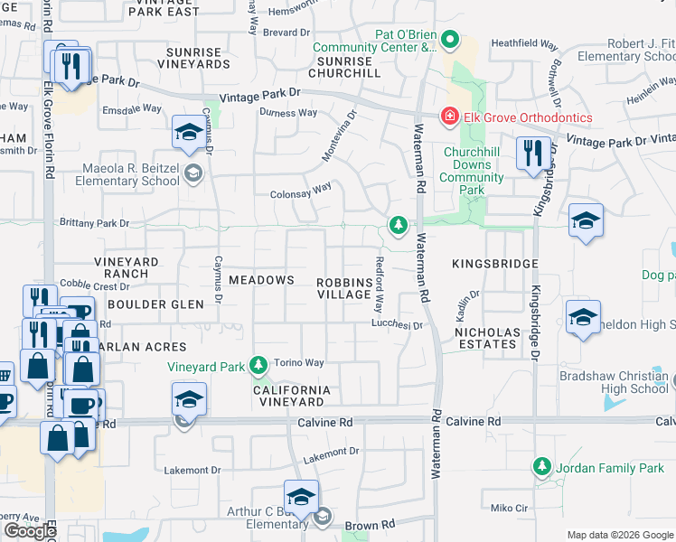 map of restaurants, bars, coffee shops, grocery stores, and more near 9201 Silverdale Court in Sacramento