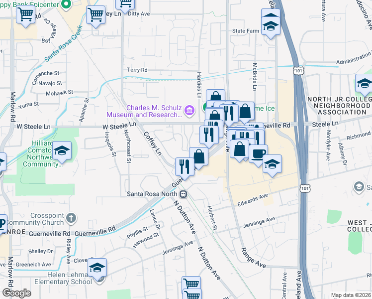 map of restaurants, bars, coffee shops, grocery stores, and more near 2146 Sunleaf Lane in Santa Rosa