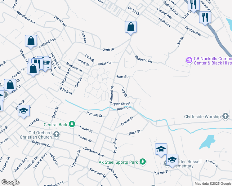 map of restaurants, bars, coffee shops, grocery stores, and more near 1701 Miller Street in Ashland