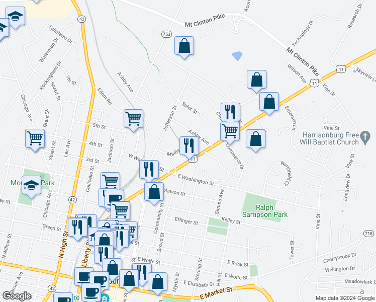 map of restaurants, bars, coffee shops, grocery stores, and more near 32 Monroe Street in Harrisonburg