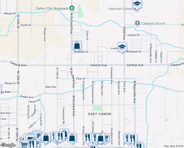 map of restaurants, bars, coffee shops, grocery stores, and more near 2262 Surrey Lane in Cañon City