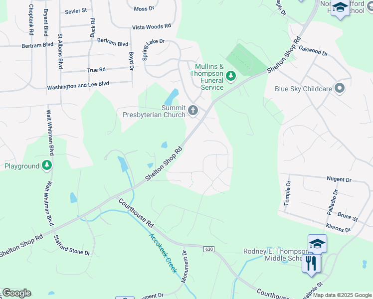 map of restaurants, bars, coffee shops, grocery stores, and more near 275 Shelton Shop Road in Stafford