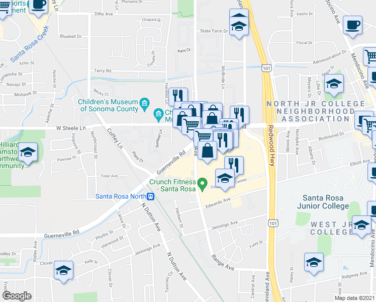 map of restaurants, bars, coffee shops, grocery stores, and more near 1300 Guerneville Road in Santa Rosa