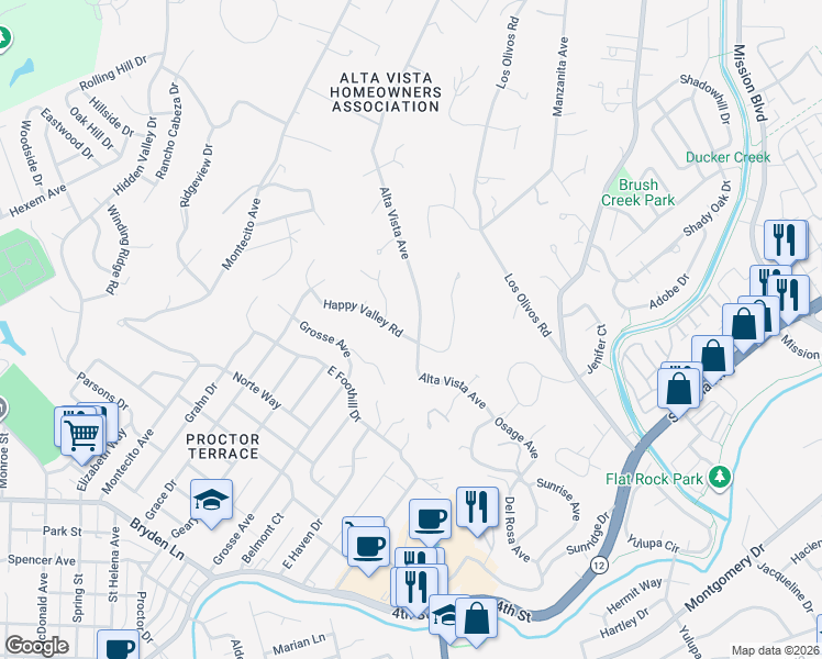 map of restaurants, bars, coffee shops, grocery stores, and more near 3607 Alta Vista Avenue in Santa Rosa