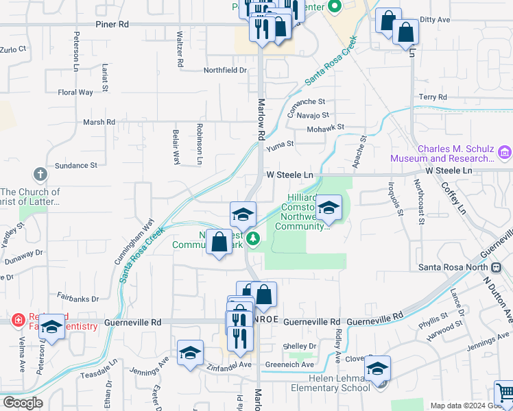 map of restaurants, bars, coffee shops, grocery stores, and more near 2744 Rochelle Street in Santa Rosa