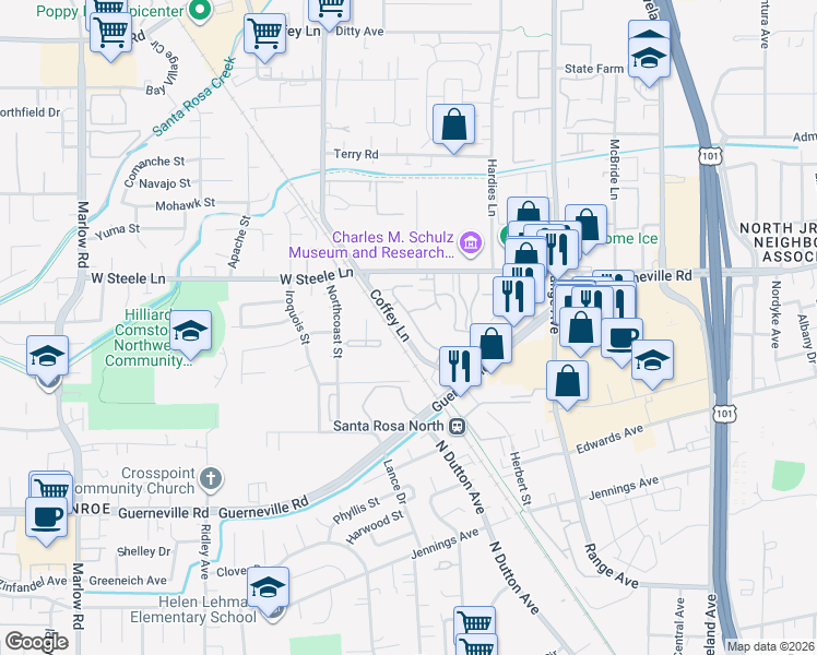 map of restaurants, bars, coffee shops, grocery stores, and more near 2672 Coffey Lane in Santa Rosa