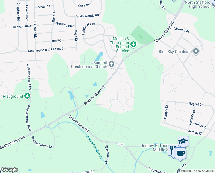 map of restaurants, bars, coffee shops, grocery stores, and more near 275 Shelton Shop Road in Stafford