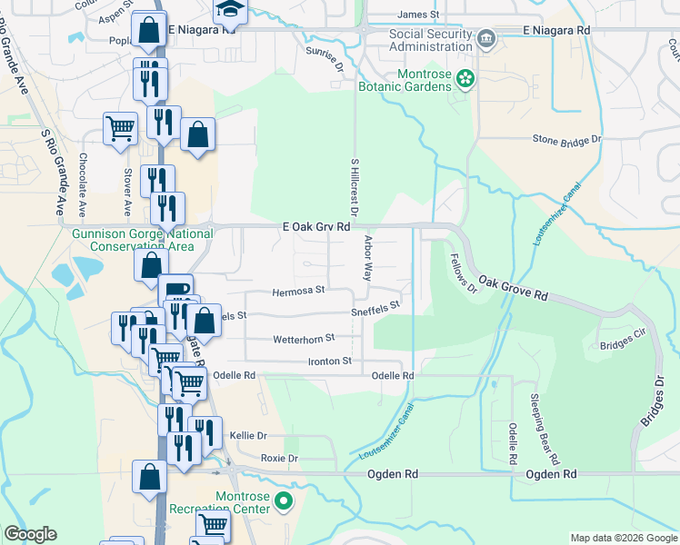 map of restaurants, bars, coffee shops, grocery stores, and more near 1694 Rheims Court in Montrose