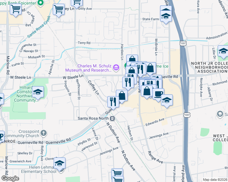 map of restaurants, bars, coffee shops, grocery stores, and more near 2146 Sunleaf Lane in Santa Rosa