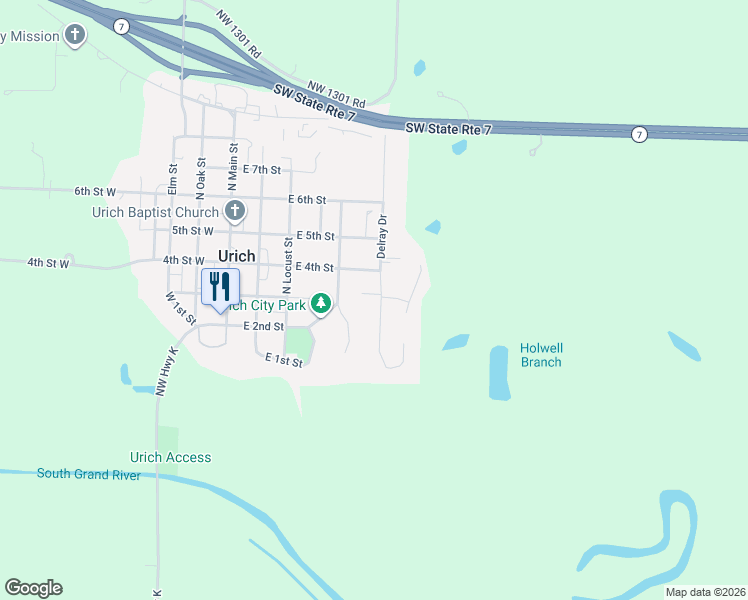 map of restaurants, bars, coffee shops, grocery stores, and more near 300-398 Delray Dr in Urich