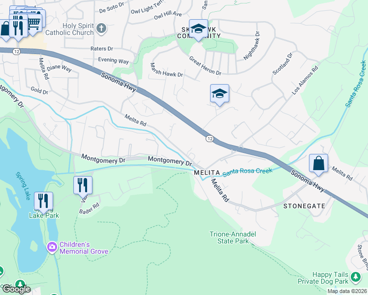 map of restaurants, bars, coffee shops, grocery stores, and more near 5680 California 12 in Santa Rosa