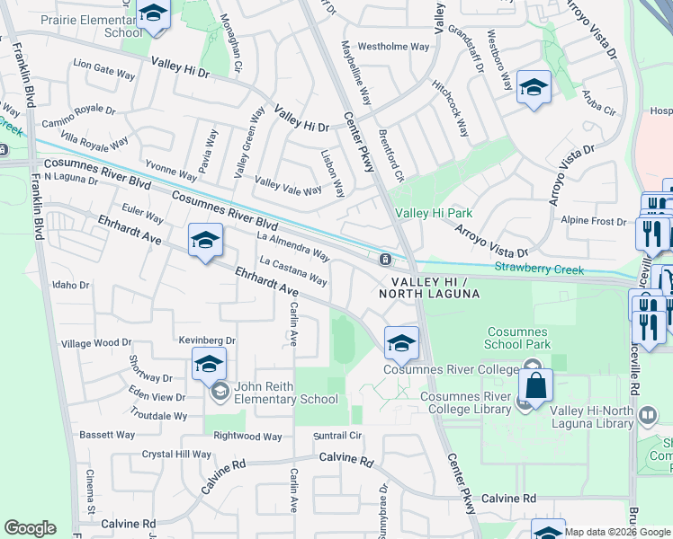 map of restaurants, bars, coffee shops, grocery stores, and more near 8240 La Almendra Way in Sacramento