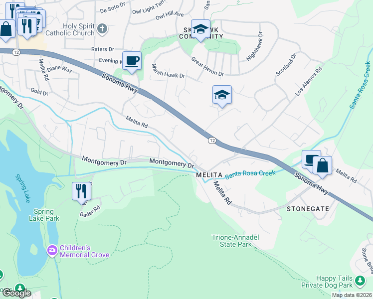 map of restaurants, bars, coffee shops, grocery stores, and more near 5680 California 12 in Santa Rosa