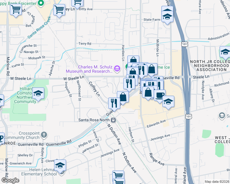 map of restaurants, bars, coffee shops, grocery stores, and more near 2146 Sunleaf Lane in Santa Rosa