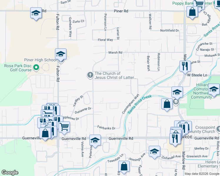map of restaurants, bars, coffee shops, grocery stores, and more near 2321 Oak Knoll Drive in Santa Rosa