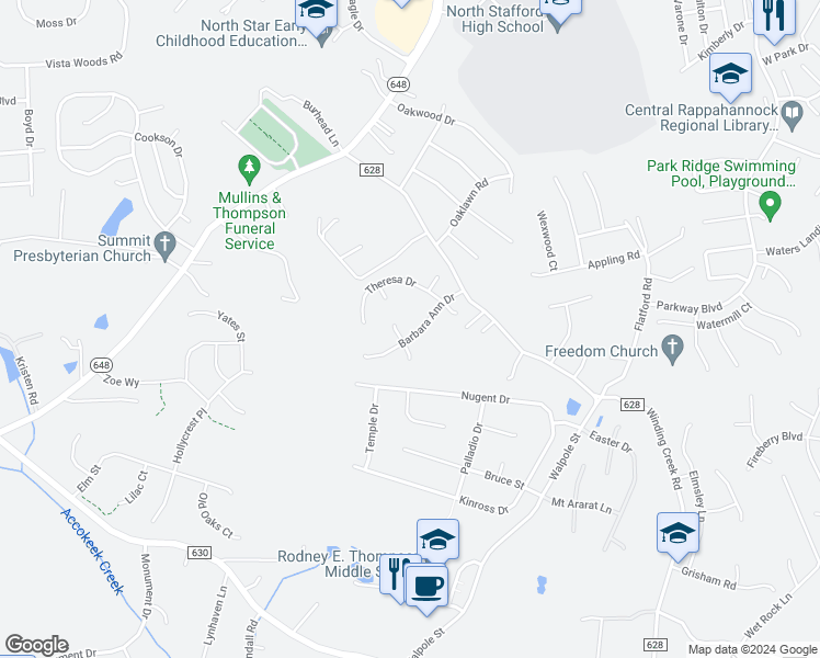 map of restaurants, bars, coffee shops, grocery stores, and more near 106 Barbara Ann Drive in Stafford