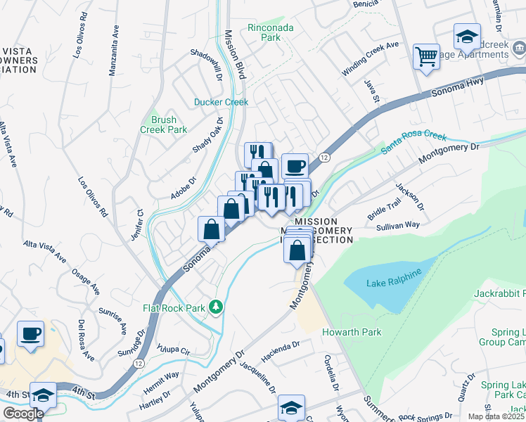 map of restaurants, bars, coffee shops, grocery stores, and more near 56 Mission Circle in Santa Rosa
