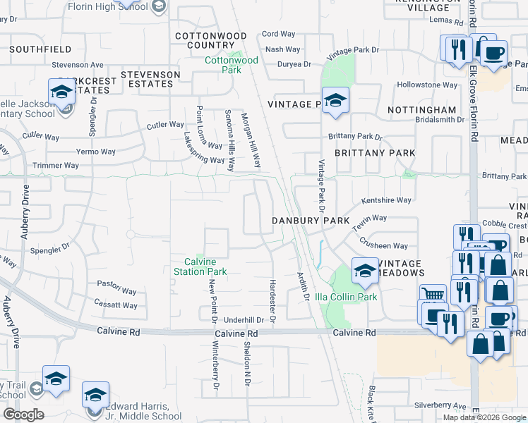 map of restaurants, bars, coffee shops, grocery stores, and more near 8237 Hardester Drive in Sacramento