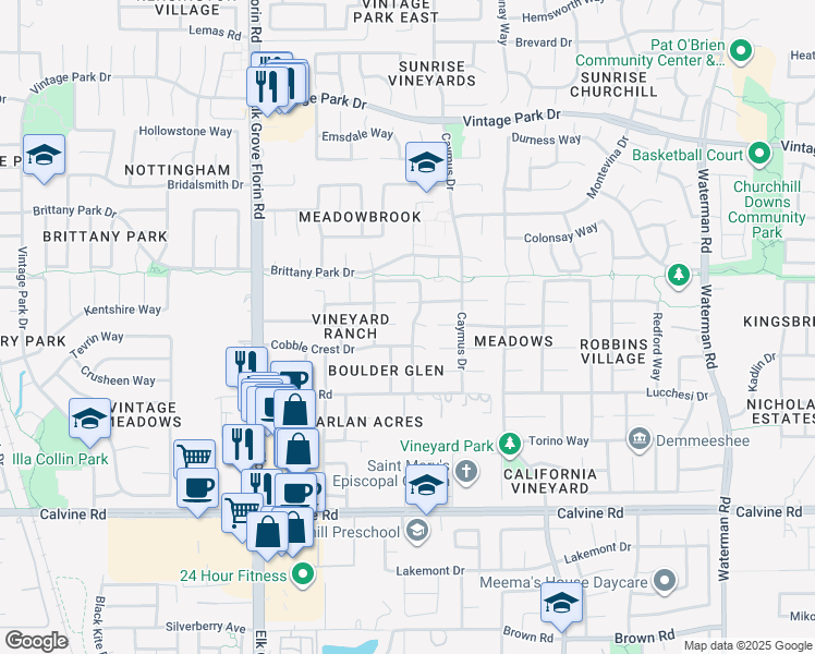 map of restaurants, bars, coffee shops, grocery stores, and more near 9013 Sand Field Court in Sacramento