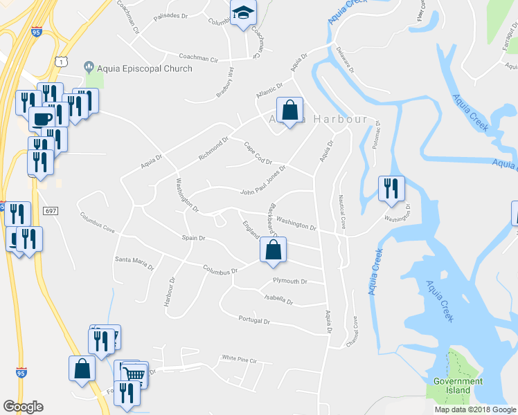 map of restaurants, bars, coffee shops, grocery stores, and more near 1234 Washington Drive in Stafford
