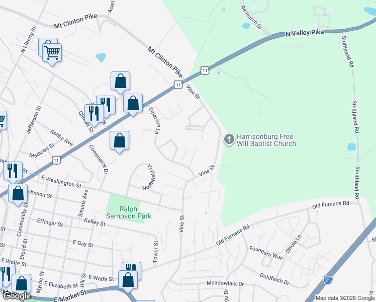 map of restaurants, bars, coffee shops, grocery stores, and more near 1272 Emerson Lane in Harrisonburg