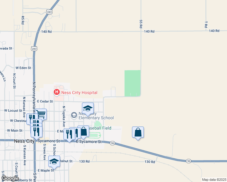 map of restaurants, bars, coffee shops, grocery stores, and more near 400-424 McKay Drive in Ness City