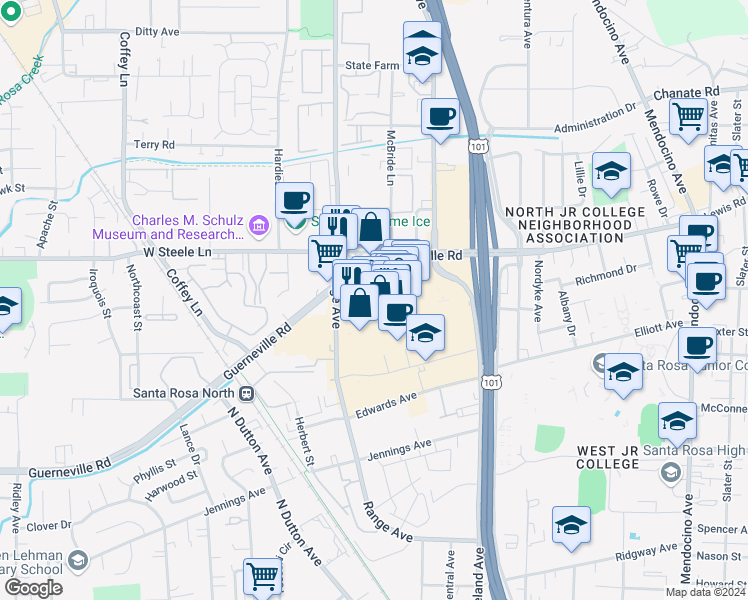 map of restaurants, bars, coffee shops, grocery stores, and more near Coddingtown Mall in Santa Rosa