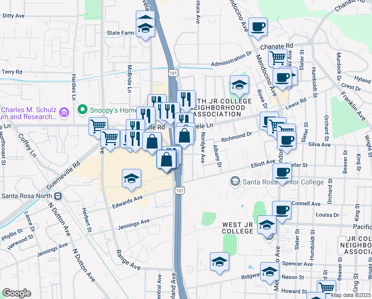 map of restaurants, bars, coffee shops, grocery stores, and more near 2112 Armory Drive in Santa Rosa