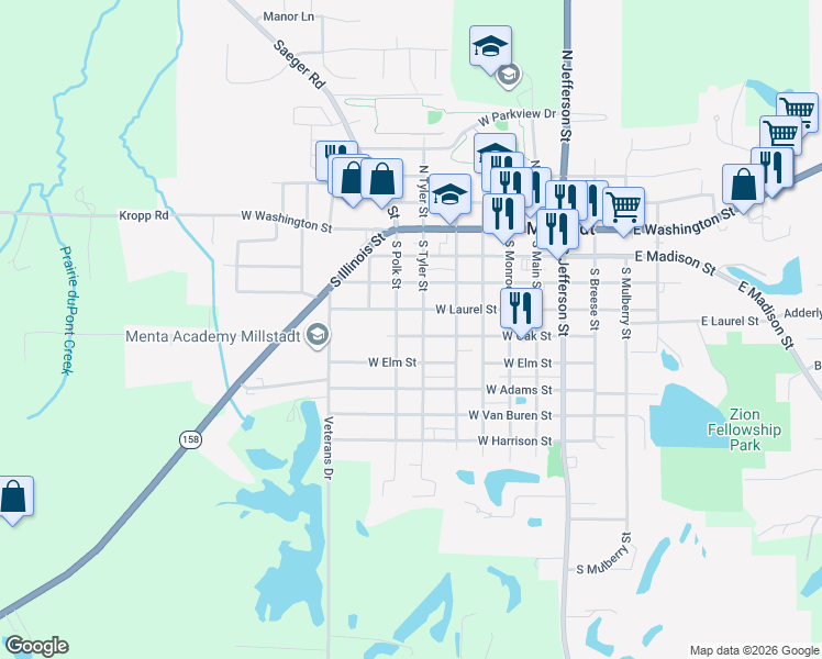 map of restaurants, bars, coffee shops, grocery stores, and more near 511 West Oak Street in Millstadt