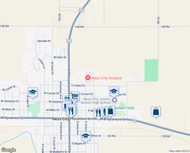 map of restaurants, bars, coffee shops, grocery stores, and more near 416 North Topeka Avenue in Ness City