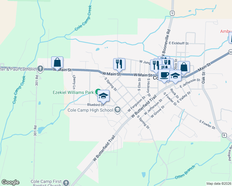 map of restaurants, bars, coffee shops, grocery stores, and more near 206 South Spring Street in Cole Camp