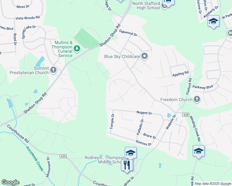 map of restaurants, bars, coffee shops, grocery stores, and more near 5 Cory Court in Stafford