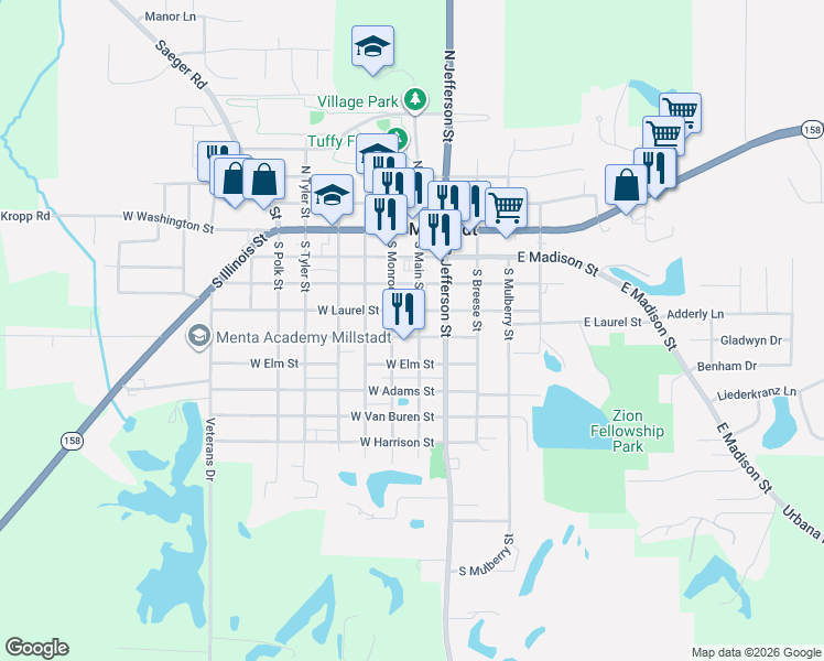 map of restaurants, bars, coffee shops, grocery stores, and more near 101 West Oak Street in Millstadt