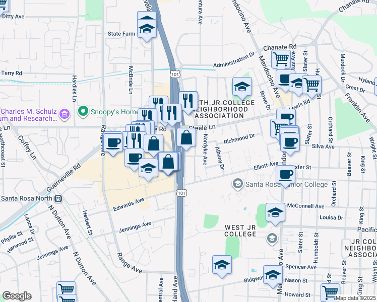 map of restaurants, bars, coffee shops, grocery stores, and more near 2112 Armory Drive in Santa Rosa