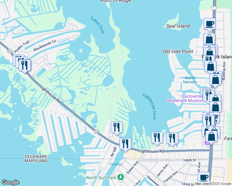 map of restaurants, bars, coffee shops, grocery stores, and more near 30593 Lightkeepers Way in Selbyville