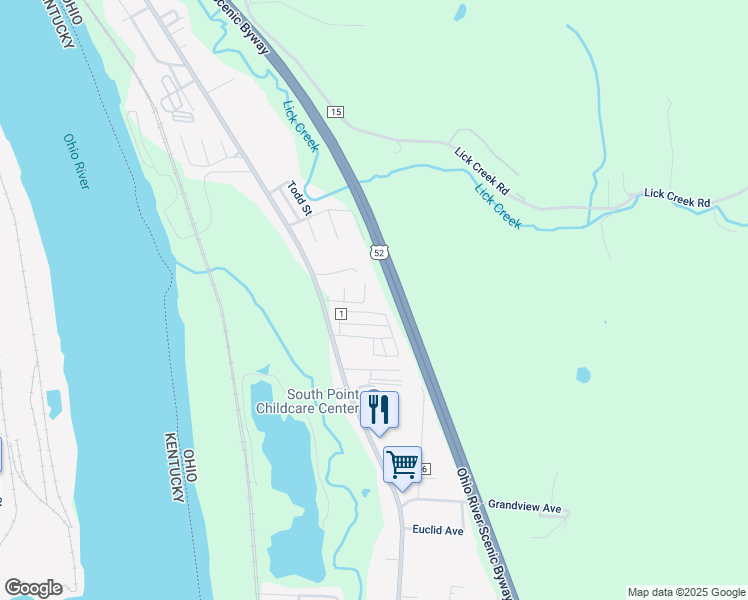 map of restaurants, bars, coffee shops, grocery stores, and more near 1097 County Road 1 in South Point