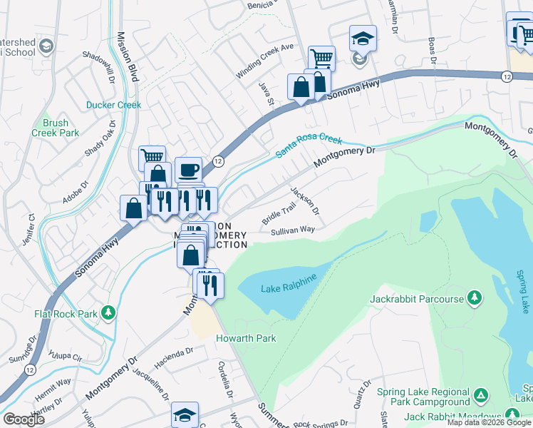 map of restaurants, bars, coffee shops, grocery stores, and more near 4678 Rocky Way in Santa Rosa