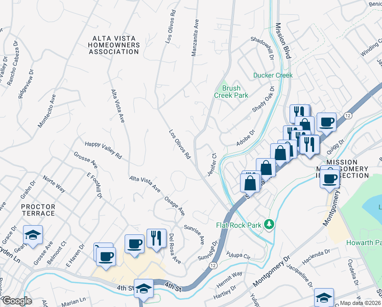 map of restaurants, bars, coffee shops, grocery stores, and more near 540 Brush Creek Court in Santa Rosa