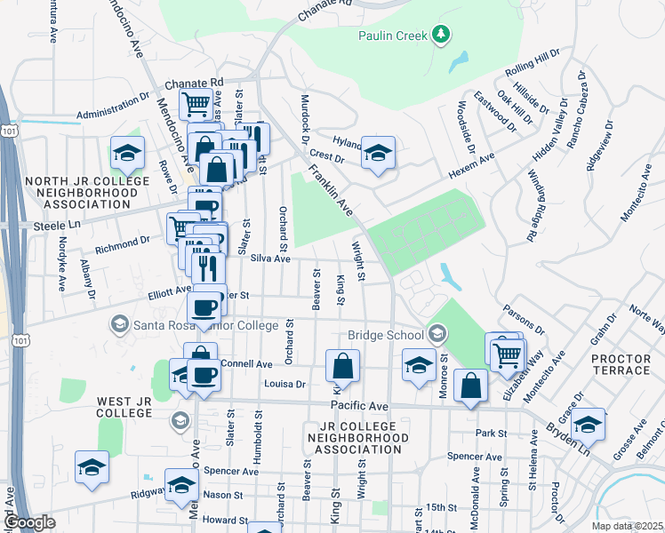 map of restaurants, bars, coffee shops, grocery stores, and more near 1838 King Street in Santa Rosa