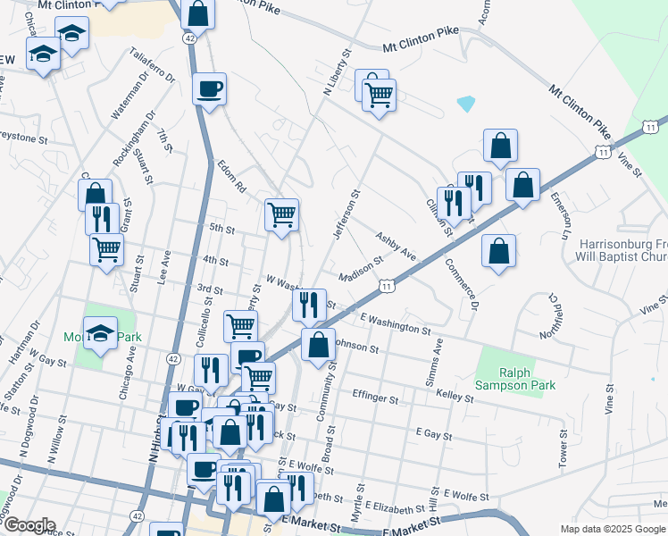 map of restaurants, bars, coffee shops, grocery stores, and more near 727 Madison Street in Harrisonburg
