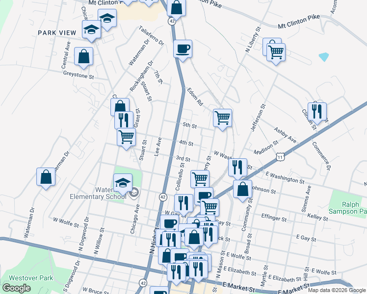 map of restaurants, bars, coffee shops, grocery stores, and more near 760 Virginia Avenue in Harrisonburg
