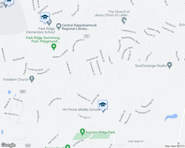 map of restaurants, bars, coffee shops, grocery stores, and more near 44 Savannah Court in Stafford