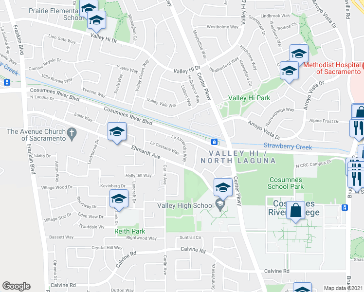 map of restaurants, bars, coffee shops, grocery stores, and more near 8240 La Almendra Way in Sacramento