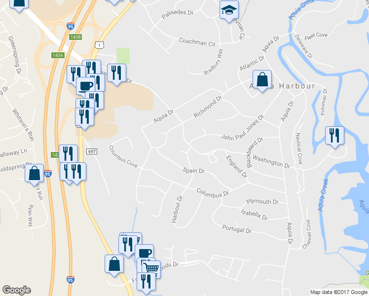 map of restaurants, bars, coffee shops, grocery stores, and more near 1206 Harbour Drive in Stafford