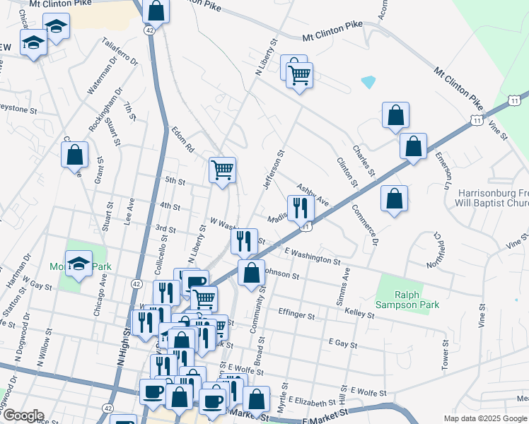 map of restaurants, bars, coffee shops, grocery stores, and more near 727 Madison Street in Harrisonburg
