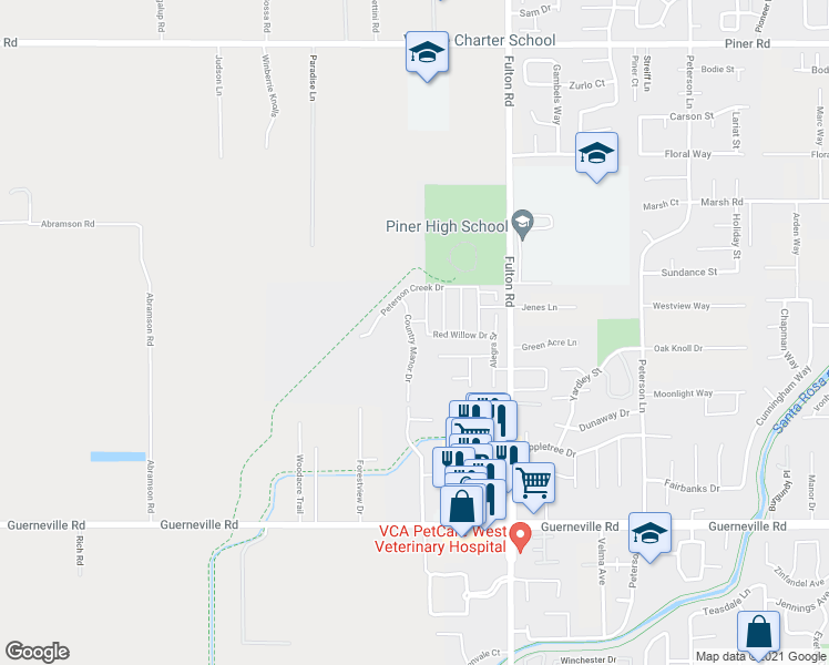 map of restaurants, bars, coffee shops, grocery stores, and more near 1580 Country Manor Drive in Santa Rosa