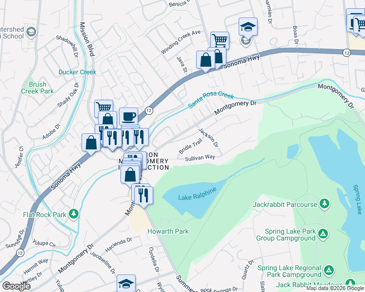 map of restaurants, bars, coffee shops, grocery stores, and more near 4678 Rocky Way in Santa Rosa