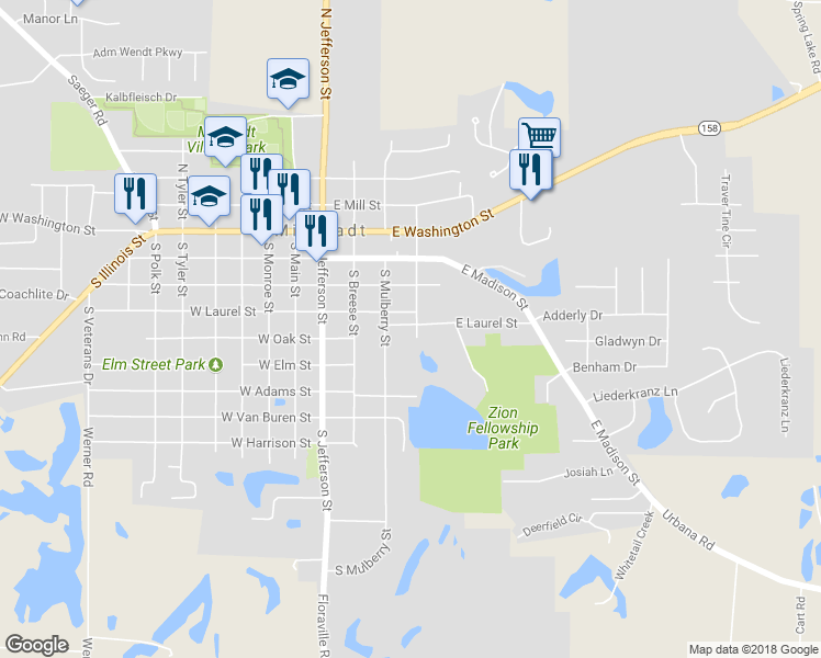 map of restaurants, bars, coffee shops, grocery stores, and more near 225 East Oak Street in Millstadt